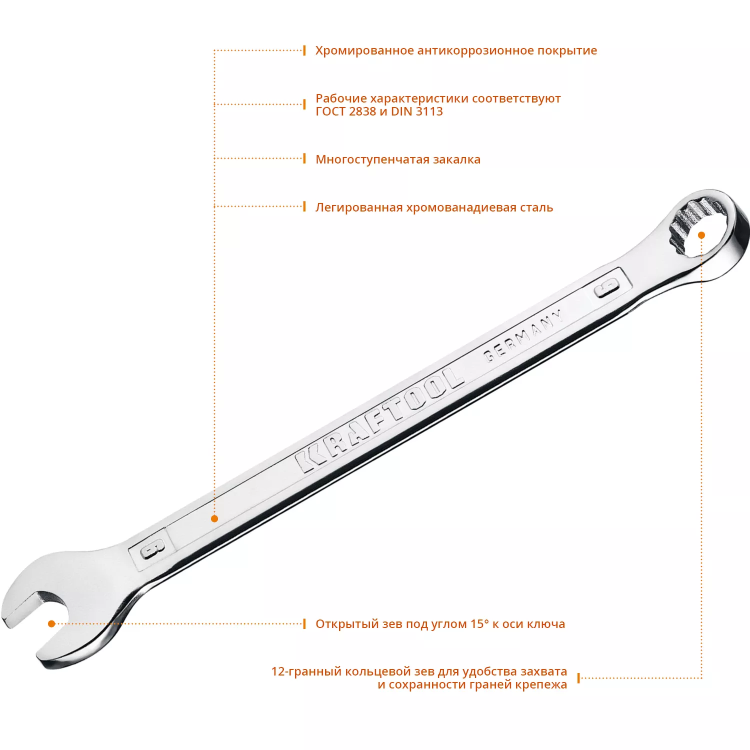 Ключи комбинированные KRAFTOOL, Cr-V, DIN 3113 27079-09 купить в Тобольске
