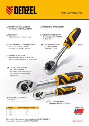 Ключ-трещотка 3/8&quot; Denzel 14032, 90 зубьев, с быстрым сбросом, CrV купить в Тобольске