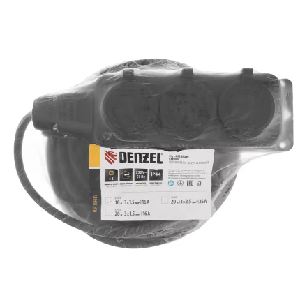 Удлинитель-шнур силовой Denzel Top Series 37421, КГТТ, 10м, 3 розетки, 3 x 1,5 мм, 3 м купить в Тобольске