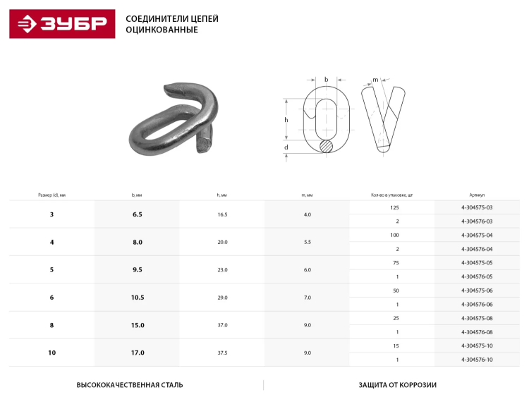 Соединитель цепей ЗУБР, оцинкованный, 8мм, 1 шт 4-304576-08 купить в Тобольске