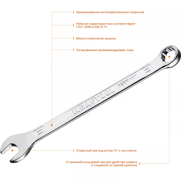Ключи комбинированные KRAFTOOL, Cr-V, DIN 3113 27079-11 купить в Тобольске