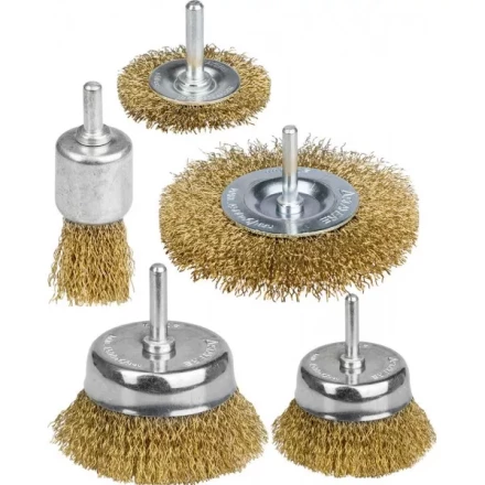 STAYER &quot;PROFESSIONAL&quot;. Набор щеток-крацовок для дрели, витая стальная латунированная проволока 0,3мм, диск. 50,75мм, чаш. 50,75мм, кист. 25мм, 5шт 35157-H5_z01 купить в Тобольске