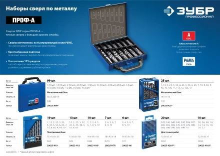 ЗУБР ПРОФ-А, 99 шт, (1-10 мм), сталь Р6М5, класс А, мет.бокс, набор сверл по металлу, Профессионал (29625-H99) купить в Тобольске