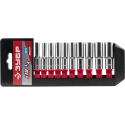 Набор ЗУБР "МАСТЕР": Торцовые головки (1/4") удлиненные на пластиковом рельсе, Cr-V, 4-13мм, 10 предметов 27657-H10