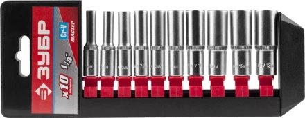 Набор ЗУБР &quot;МАСТЕР&quot;: Торцовые головки (1/4&quot;) удлиненные на пластиковом рельсе, Cr-V, 4-13мм, 10 предметов 27657-H10 купить в Тобольске