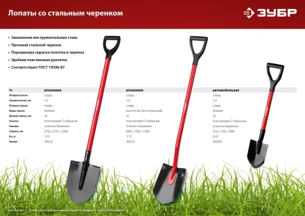 ЗУБР МАСТЕР, 280 х 190 х 1200 мм, полотно 1.5 мм, закалено, стальной изогнутый черенок с рукояткой, штыковая лопата (39523) купить в Тобольске