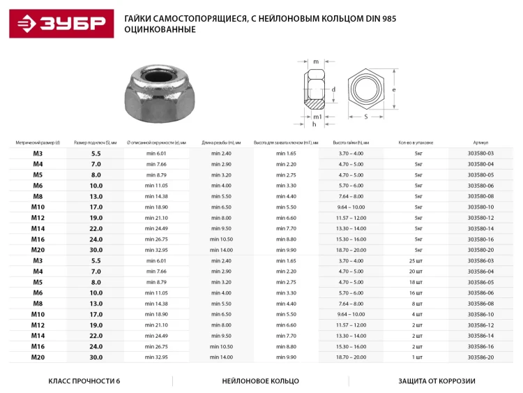 Гайка шестигранная, DIN 985, самостопорящаяся, с нейлоновым кольцом, кл. пр. 8, оцинкованная, M16, 100 шт, KRAFTOOL 303584-16 303584-16 купить в Тобольске