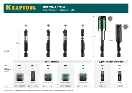 Биты для ударных шуруповертов KRAFTOOL Impact Pro PH 26191-2-50-S10 купить в Тобольске