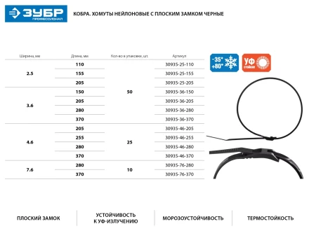 Кабельные стяжки черные КОБРА, с плоским замком, 7.6 х 370 мм, 10 шт, нейлоновые, ЗУБР 30935-76-370 купить в Тобольске