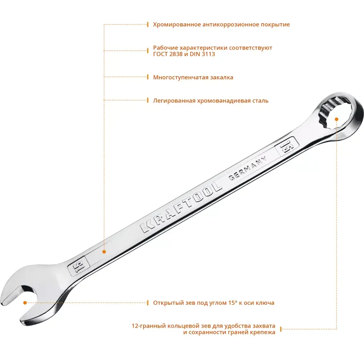 Ключи комбинированные KRAFTOOL, Cr-V, DIN 3113 27079-15 купить в Тобольске