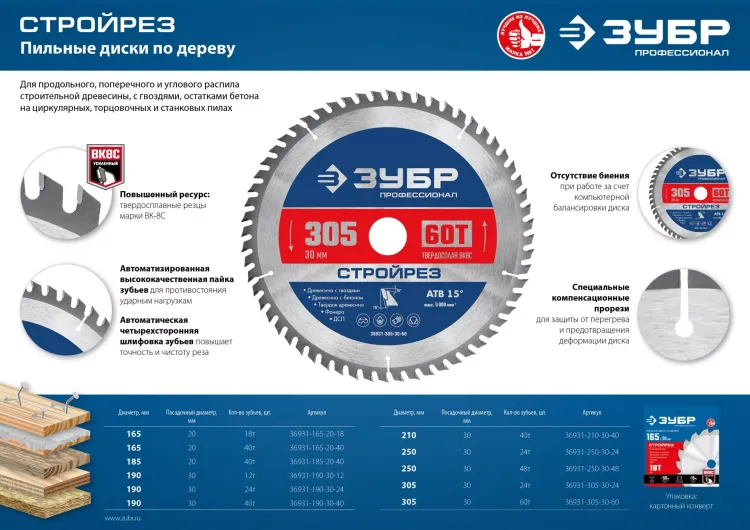 ЗУБР Стройрез, 190 х 30 мм, 24Т, пильный диск по строительной древесине, Профессионал (36931-190-30-24) купить в Тобольске
