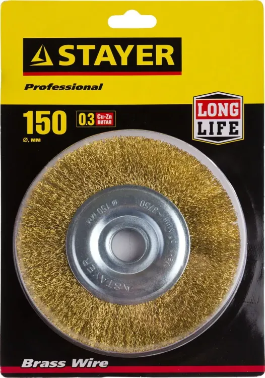STAYER "PROFESSIONAL". Щетка дисковая для УШМ, витая стальная латунированная проволока 0,3мм, 150ммх22мм 35122-150 купить в Тобольске
