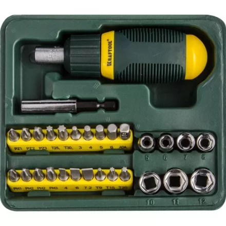 Набор KRAFTOOL Отвертка реверсивная с битами и торцовыми головками, 29 предметов 25556-H29 купить в Тобольске