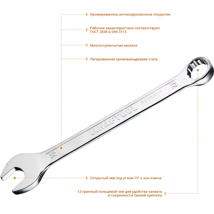 Ключи комбинированные KRAFTOOL, Cr-V, DIN 3113 27079-22 купить в Тобольске