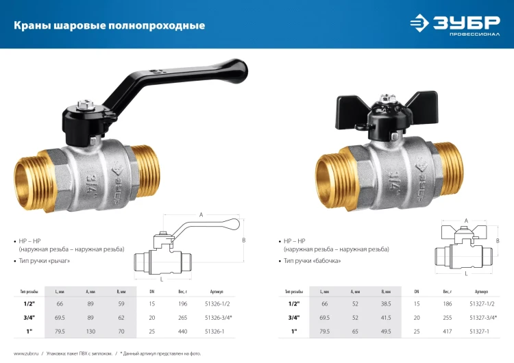 ЗУБР d 3/4, ручка бабочка, папа-папа, полнопроходной шаровой кран (51327-3/4) купить в Тобольске