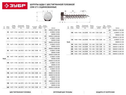 Шурупы ЗУБР с шестигранной головкой, оцинкованные, 10x90мм, 2шт 4-300456-10-090 купить в Тобольске