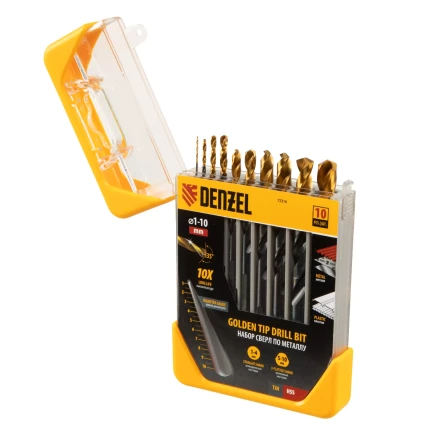 Набор сверл по металлу, 1-10 мм, HSS-Tin, Golden Tip, 10 шт Denzel 72316 купить в Тобольске