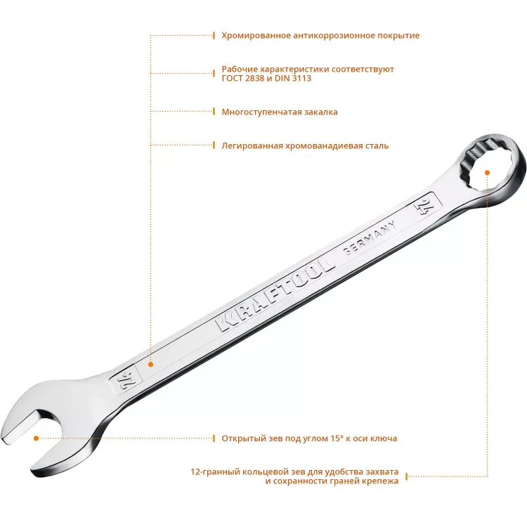 Ключи комбинированные KRAFTOOL, Cr-V, DIN 3113 27079-24 купить в Тобольске