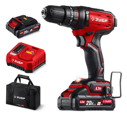 ЗУБР 20 В, 40 Нм, 2 АКБ LMS (2 Ач), ударная дрель-шуруповерт, сумка (ДШУ-40-22) купить в Тобольске