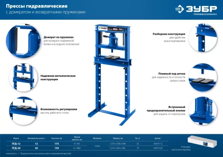 ЗУБР ПГД-12, 12 т, гидравлический пресс с домкратом и возвратными пружинами, Профессионал (43070-12) купить в Тобольске