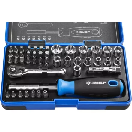 Набор ЗУБР &quot;ПРОФИ&quot;: Отвертка с двухкомп рукояткой, насадки и мини трещетка, 47 предм, пластиковый бокс 25283-H47 купить в Тобольске