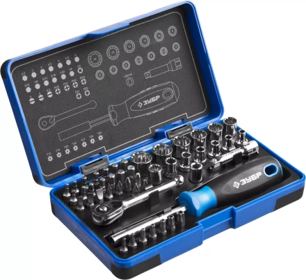 Набор ЗУБР &quot;ПРОФИ&quot;: Отвертка с двухкомп рукояткой, насадки и мини трещетка, 47 предм, пластиковый бокс 25283-H47 купить в Тобольске