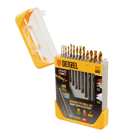Набор сверл по металлу, 1,5-6,5 мм, HSS-Tin, Golden Tip, 13 шт Denzel 72318 купить в Тобольске