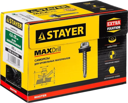 Саморезы СКД кровельные, RAL 6005 зеленый насыщенный, 29 x 4.8 мм, 400 шт, для деревянной обрешетки, STAYER 30305-48-029-6005 купить в Тобольске