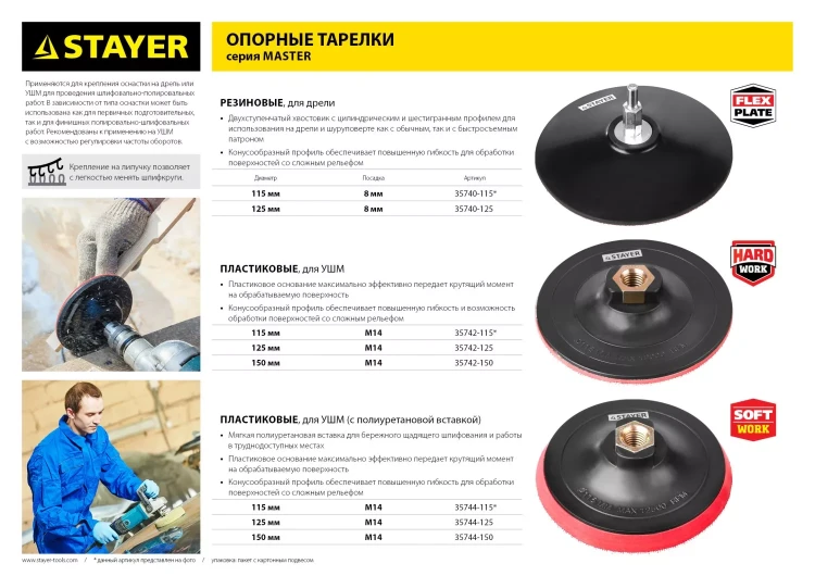 Тарелка опорная STAYER "MASTER" пластиковая для УШМ на липучке, полиуретановая вставка, d=125 мм, М14 35744-125 купить в Тобольске