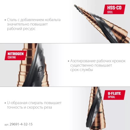 Ступенчатые сверла, сталь c кобальтом, спиральная проточка, НЕХ хвостовик 29691-4-32-15 купить в Тобольске