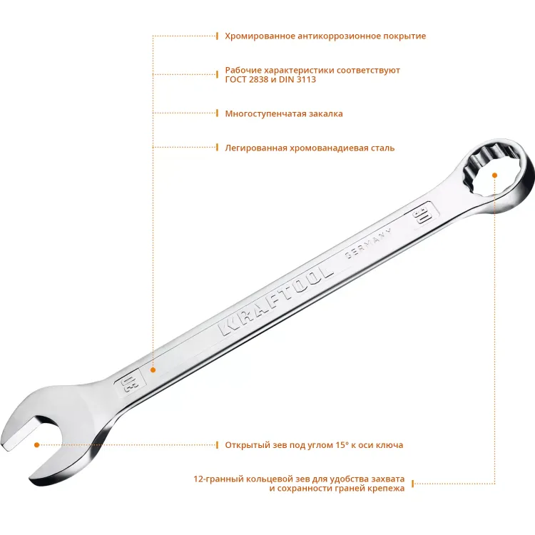 Ключ комбинированный KRAFTOOL, Cr-V, DIN 3113 27079-30 купить в Тобольске