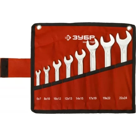Набор ЗУБР &quot;МАСТЕР&quot;: Ключ гаечный рожковый, Cr-V сталь, хромированный, 6-24мм, 8шт 27010-H8 купить в Тобольске