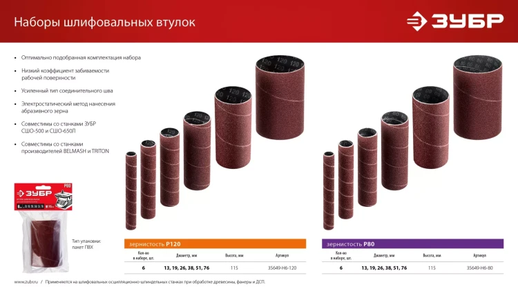 ЗУБР набор 6 шт: 13, 19, 26, 38, 51, 76 мм, высота 115 мм, Р120, втулки шлифовальные для станка СШО-500 МАСТЕР (35649-H6-120) купить в Тобольске