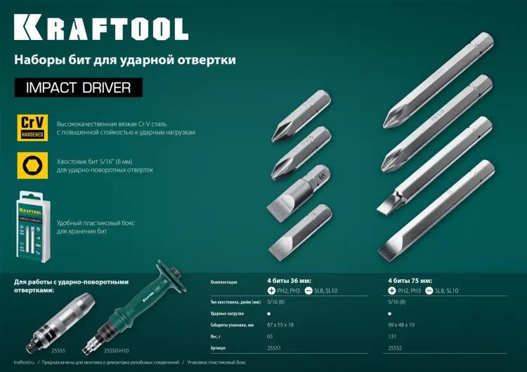 Биты для ударно-поворотных отверток KRAFTOOL 25552 купить в Тобольске
