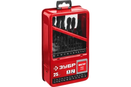 ЗУБР 25 шт, (1-13 мм), сталь Р4М2, класс В, мет.бокс, набор сверл по металлу (29605-H25) купить в Тобольске