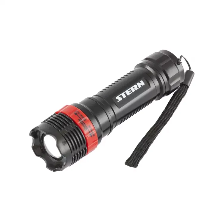 Фонарь бытовой пластик 1W LED ремешок зум 3 режима 100% - 50% - стробоскоп 3хААА Stern 90570 купить в Тобольске