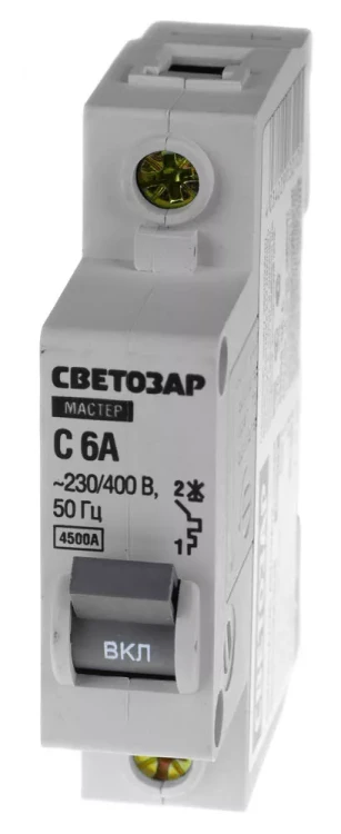 Выключатель СВЕТОЗАР автоматический, 1-полюсный, "С" (тип расцепления), 6 A, 230 / 400 В 49060-06-C купить в Тобольске