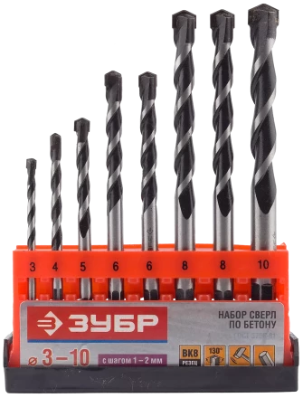 Набор сверл по бетону усиленные ЗУБР 3 шт d 6-8-10 мм трехгранный хвостовик  Профессионал 2916-H3 купить в Тобольске