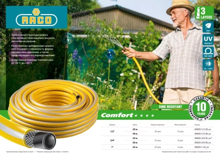 Шланг RACO &quot;COMFORT&quot; поливочный, 30атм., армированный, 3-х слойный, 1/2&quot;х20м 40303-1/2-20 купить в Тобольске