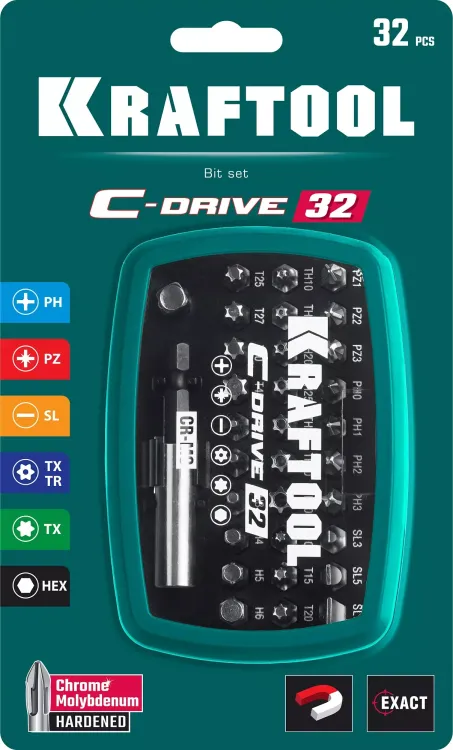 Набор бит и адаптеров KRAFTOOL C-Drive многофункциональный, Cr-Mo сталь, в ударопрочном компактном боксе. Цветная маркировка типов шлицов 26067-H32 купить в Тобольске