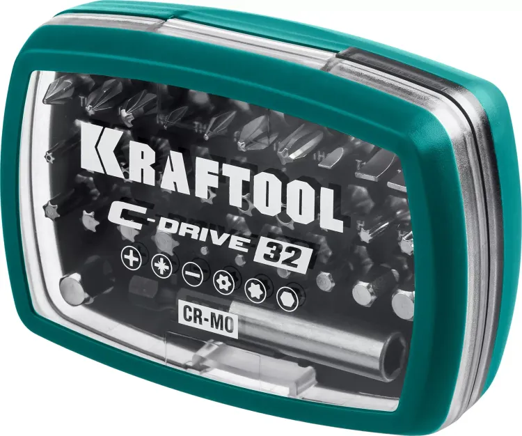 Набор бит и адаптеров KRAFTOOL C-Drive многофункциональный, Cr-Mo сталь, в ударопрочном компактном боксе. Цветная маркировка типов шлицов 26067-H32 купить в Тобольске