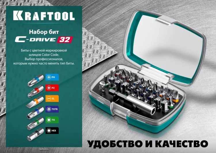 Набор бит и адаптеров KRAFTOOL C-Drive многофункциональный, Cr-Mo сталь, в ударопрочном компактном боксе. Цветная маркировка типов шлицов 26067-H32 купить в Тобольске