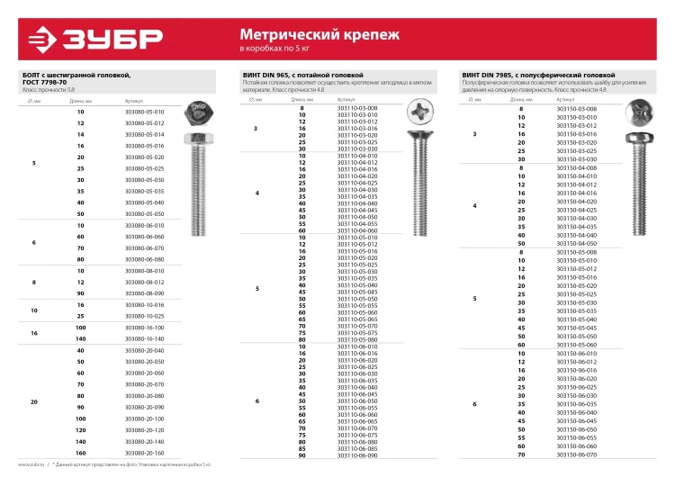 Болт ЗУБР "МАСТЕР" с шестигранной головкой, ГОСТ 7798-70, класс прочности 5.8, оцинкованный, M12x40мм, 5кг 303080-12-040 купить в Тобольске