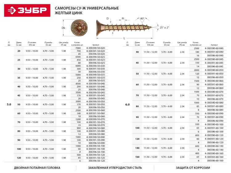 Шурупы ЗУБР "МАСТЕР" по дереву желтопассивированные, 4.0x70мм, 20шт 300396-40-070 купить в Тобольске