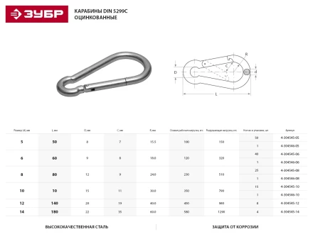 Карабин ЗУБР &quot;МАСТЕР&quot; DIN 5299С, оцинкованный, 12мм, 8 шт 4-304545-12 купить в Тобольске