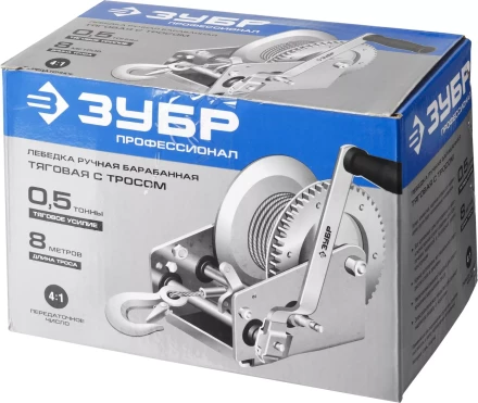 Лебедка ручная барабанная ЗУБР &quot;ПРОФЕССИОНАЛ&quot;, тяговая, тросовая, 0,5т, 8м 43113-0.5_z01 купить в Тобольске