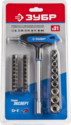 Набор ЗУБР &quot;ЭКСПЕРТ&quot;: Отвертки, битодержатель с Т-образной двухкомпонентной рукояткой, Cr-V, 31 предмет 25236-H30_z01 купить в Тобольске