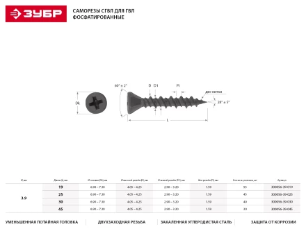 Саморезы ЗУБР &quot;МАСТЕР&quot; фосфатированные, для гипсоволоконных листов, двухзаходная резьба, 3.9x19мм, 55шт 300056-39-019 купить в Тобольске