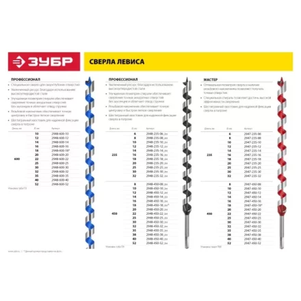 ЗУБР &quot;МАСТЕР&quot;. Сверло по дереву, спираль Левиса, HEX хвостовик, 22х450мм 2947-450-22 купить в Тобольске
