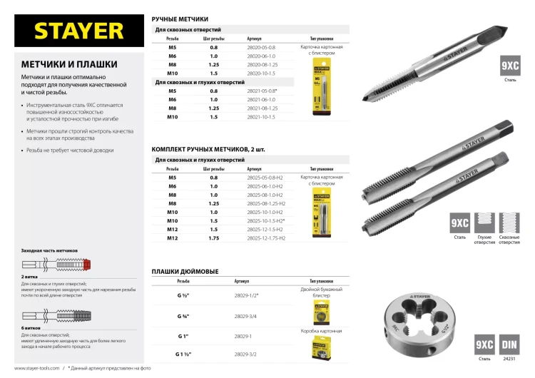 Комплект метчиков STAYER "MASTER", сталь 9ХС, М12х1,75, 2 шт 28025-12-1.75-H2 купить в Тобольске
